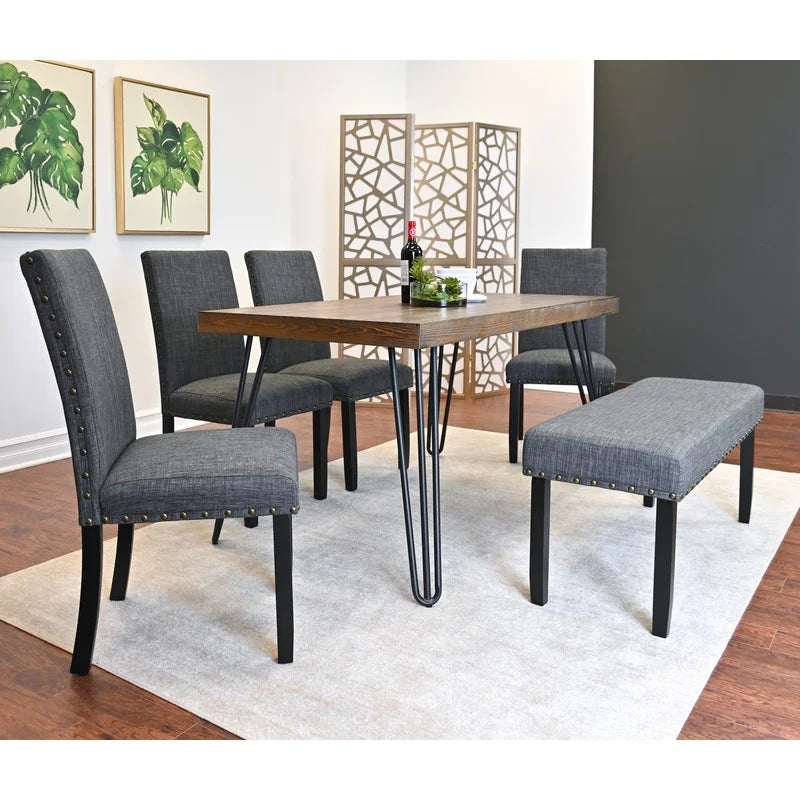 Amisos 6-Piece Dining Set: Hairpin Table with 4 Chairs and Upholstered Bench, 3 Color Choices