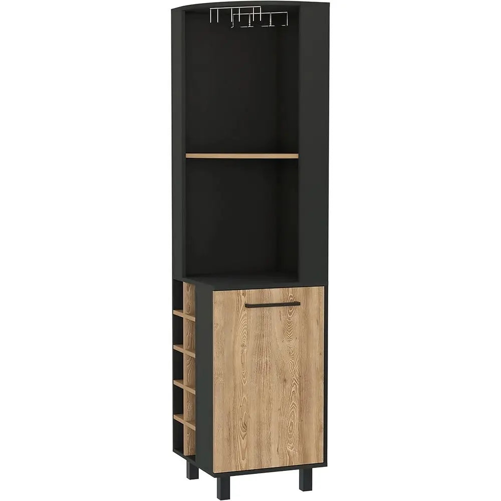 Black/Pine Wine Cabinet with Glass Rack, 10 Bottle Holders, 2 Open Shelves