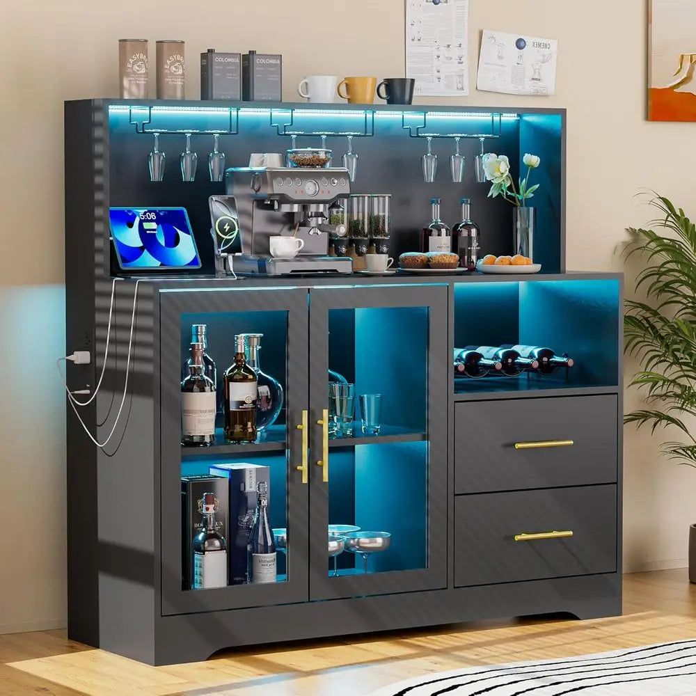 All-in-One Black Home Bar Cabinet with RGB LED Lighting, Wine & Coffee Storage, Racks, and Charging Station