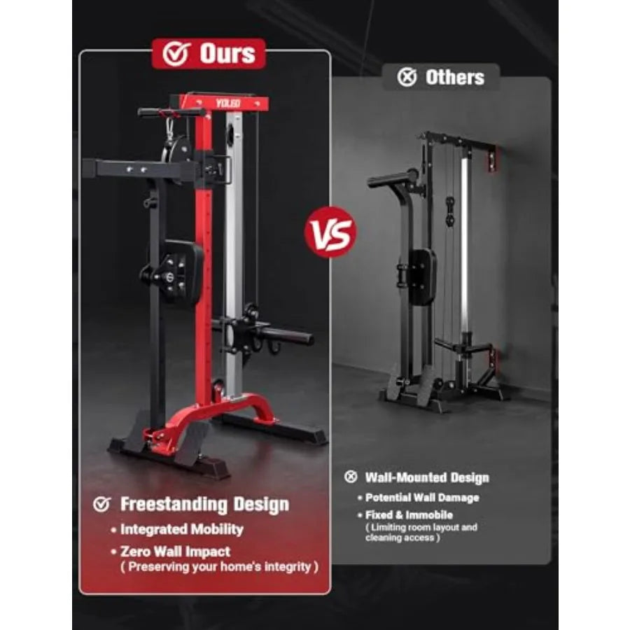 Home gym rowing cable machine LAT pulldown station: steel frame, black, 2-in-1 adjustable foldable design with 6 attachments, 4