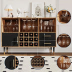 47 Wine Bar Cabinet with Storage, Wine Rack, Glass Holder, LED Light, and Charging Station - Wooden Black