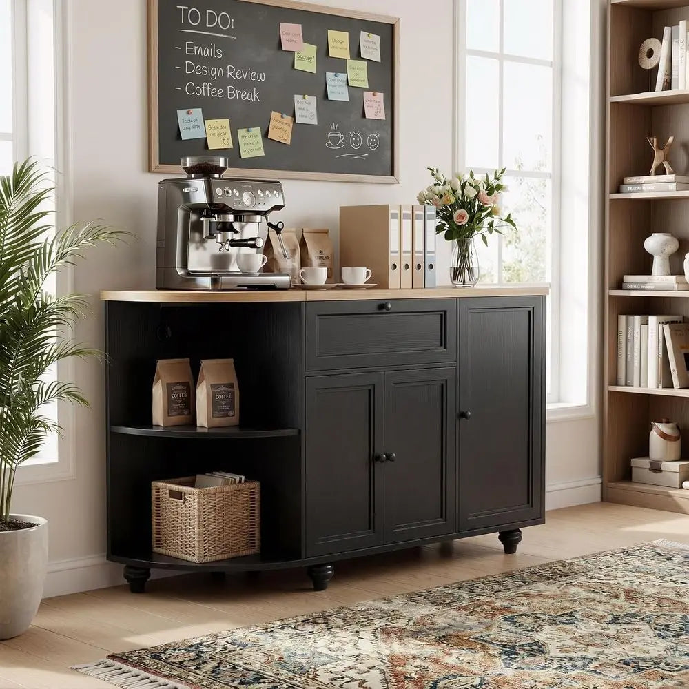 55 Coffee Bar with Outlet, Wine Rack Cabinet, Home Coffee Bar, Buffet Sideboard Storage for Kitchen, Dining, Living Rooms in Bla