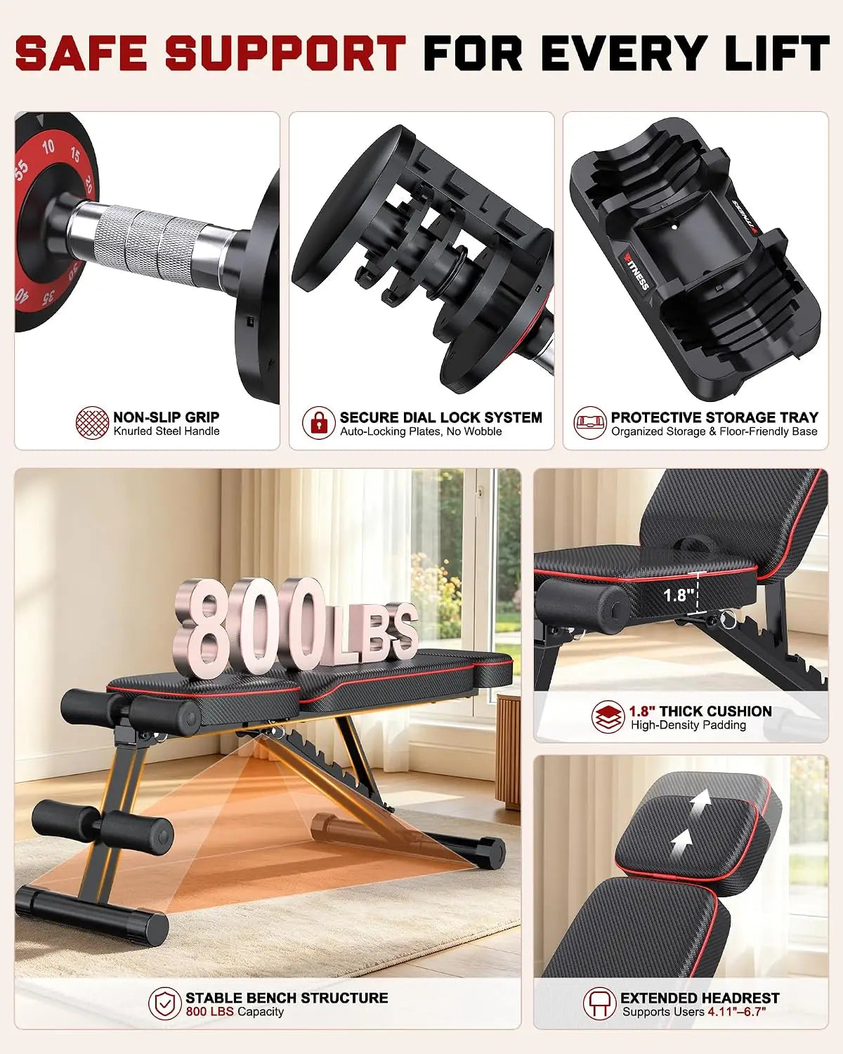 Adjustable Hand Dumbbells Pair with Workout Bench 10lb  Weight Set Portable Fitness Equipment for Home Gym Compact Design for Apartment Small Space Fit for Men and Women