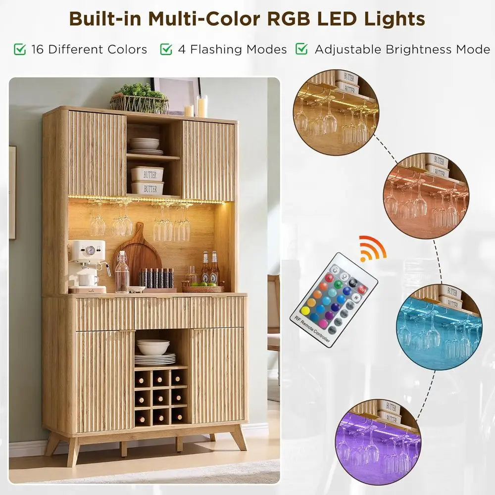 72" Tall luted Coee Bar Cabinet with Ample Storage, ern Buet Sideboard with Glass Holder/Wine Rack/Led Lights/Charging Station,