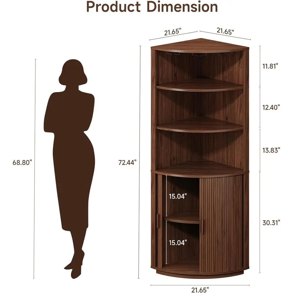 72 Inch Tall LED-lit Bar Cabinet with Sliding Door, Wine Storage and Glass Holder for Dining or Living Room in Walnut Finish