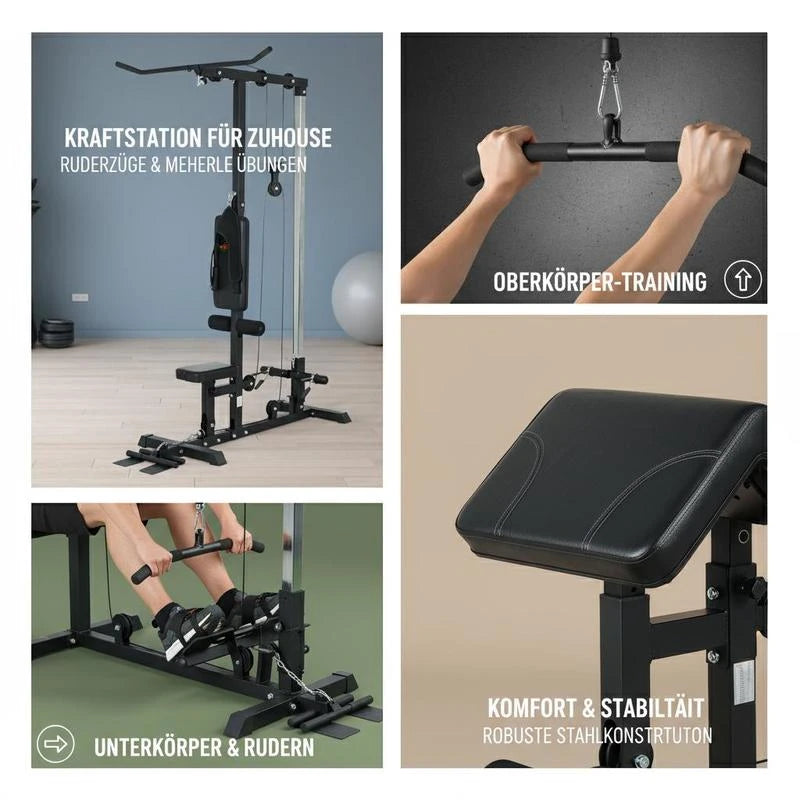 Home power rack, rowing machine, without weights, home fitness equipment, steel, faux leather, black