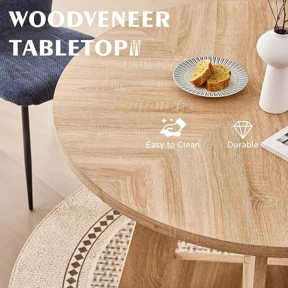 47 Round Solid Wood Dining Set with 4 Chenille Chairs, Thick 1.38 Table Top