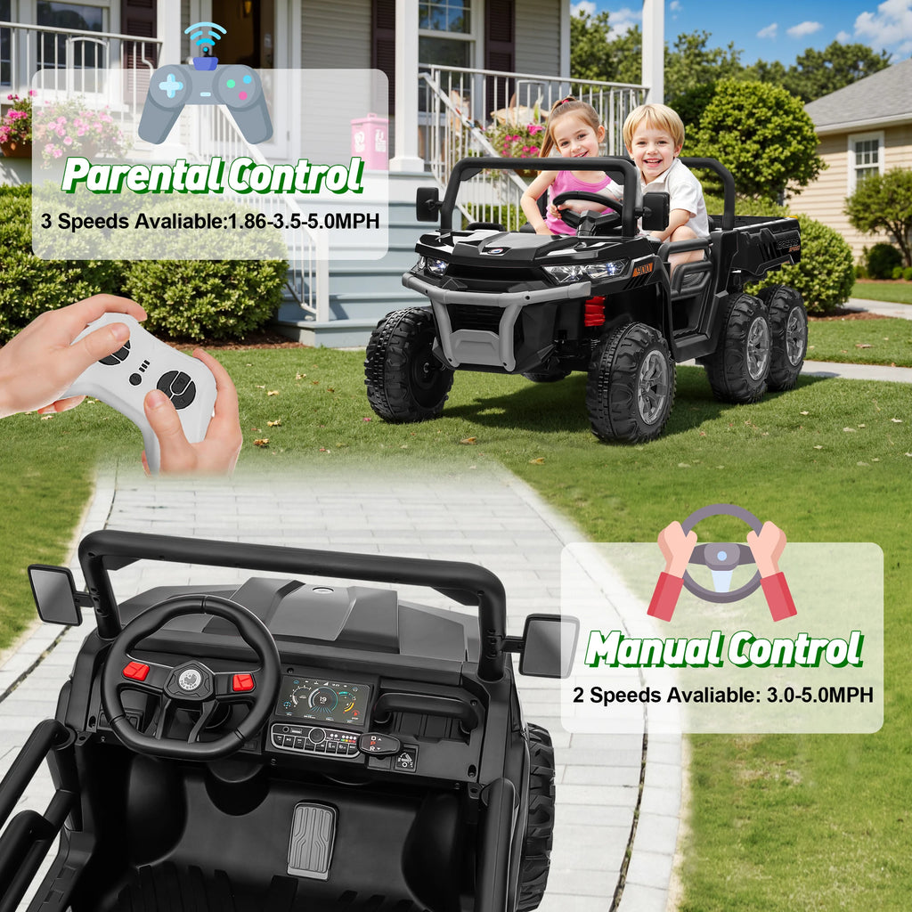 4x4 24V Ride on Dump Truck with Remote Control, 2 Seater Electric Powered Ride on Toys, 6-Wheel UTV Car w/ Tipping Bucket Trailer, Shovel, Suspension, Bluetooth Music,