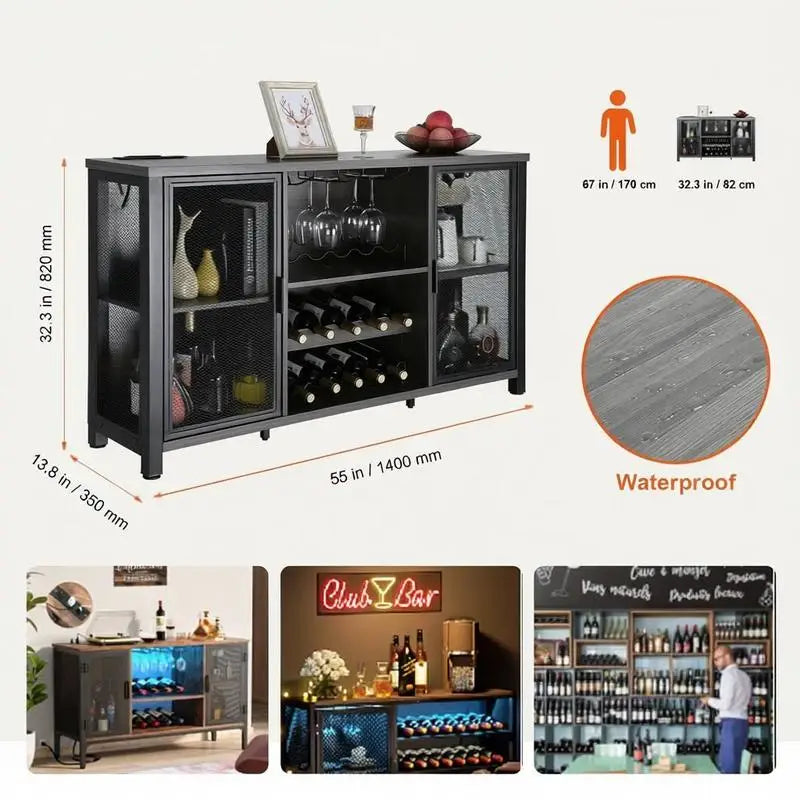 Industrial Drinks Credenza 47 Inch For Kitchen Home Bar Living Room, Sideboard Buffet Wine Rack Farmhouse Wood Furniture Storage Cabinet