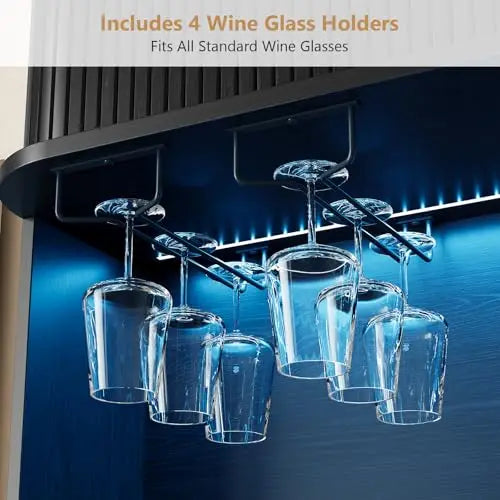 71-Inch Modern Fluted Bar Cabinet With Blue LED Backlight, 4 Integrated Wine Glass Holders, Storage Compartments And Coffee Area