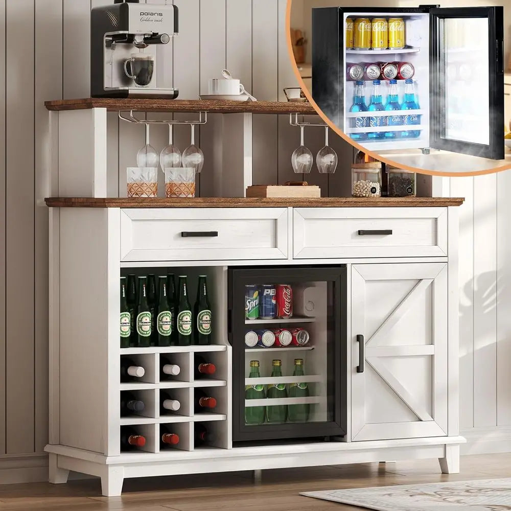 47" armhouse Coee Bar Cabinet with 15" Rerigerator & Wine Rack & Glass Holder, Wine Cabinet with Storage Ders & Open Shelves, Si