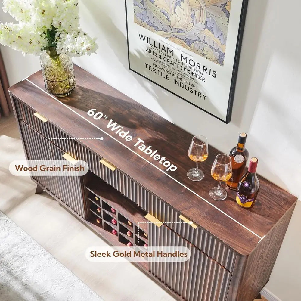 luted Wine Bar Cabinet, 60" Wide ern Buet Sideboard with Ample Storage - 2 Side Cabi, 3 Ders, 4 Glass Holders & 12 Wine Racks, C
