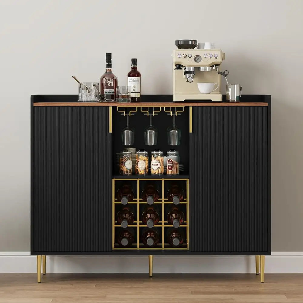 48 Wine Bar Cabinet with Luted Texture, Sideboard with Wine Rack and Glass Holder, Liquor Coffee Station with Storage for Kitche