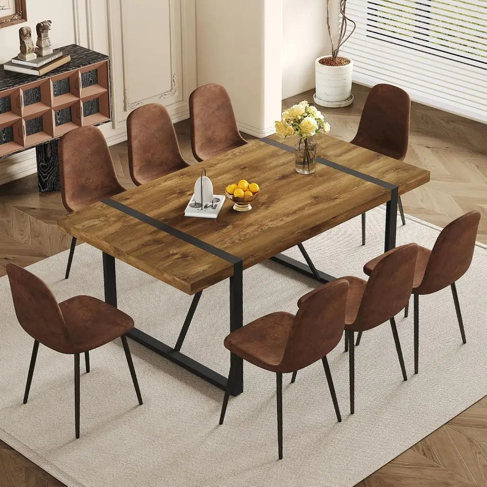 8-Seat Wooden Dining Table with Suede Chairs Set for Kitchen & Dining Room