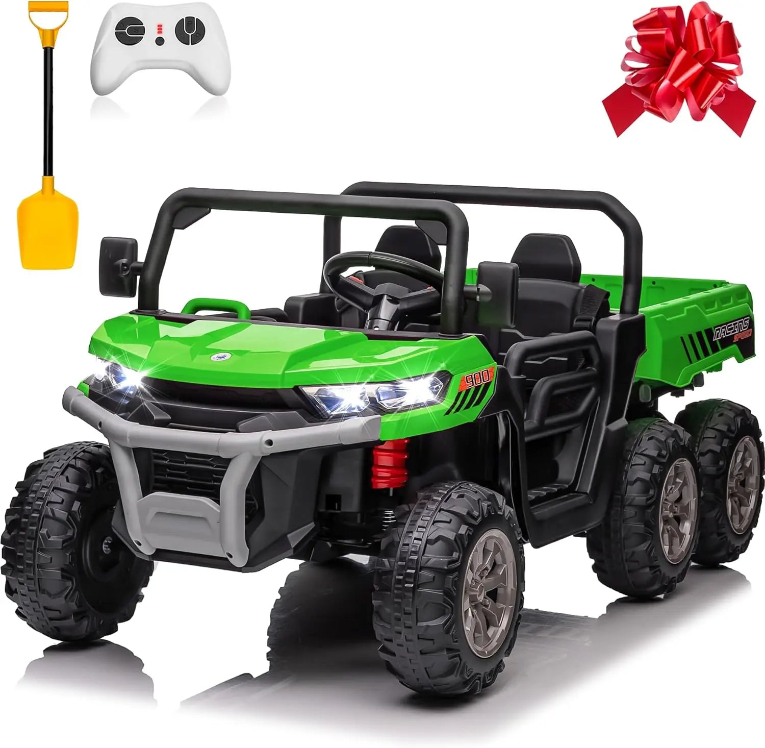 4x4 24V Ride on Dump Truck with Remote Control, 2 Seater Electric Powered Ride on Toys, 6-Wheel UTV Car w/ Tipping Bucket Trailer, Shovel, Suspension, Bluetooth Music,