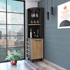 Black/Pine Wine Cabinet with Glass Rack, 10 Bottle Holders, 2 Open Shelves