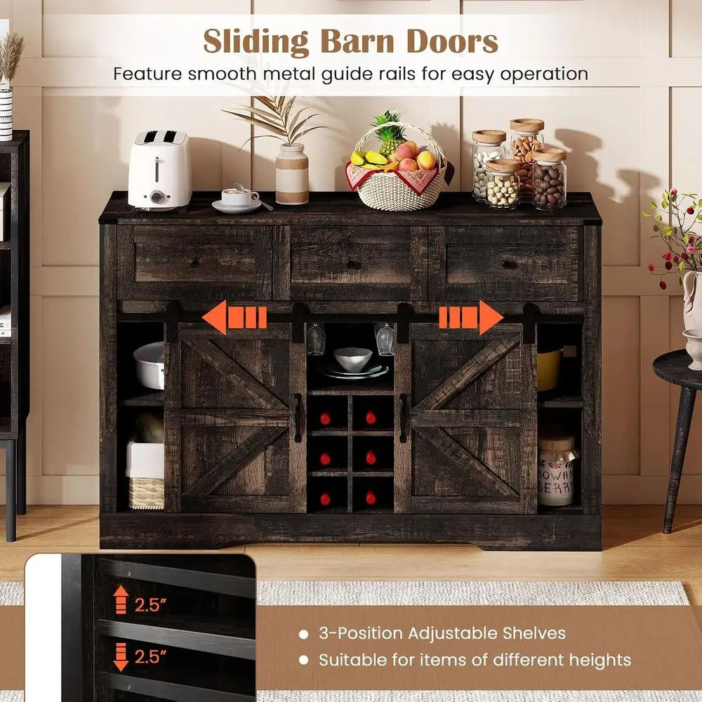 52 LED-lit Wine Bar Cabinet with Sliding Barn Door, 3 Drawers, Adjustable Shelves, 12-Bottle Rack & Glass Holder for Living Room