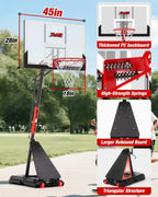 Outdoor Adjustable Basketball Hoop, 45 Inch Backboard, Black & Red, 10FT Height Portable System for Backyard & Driveway Play