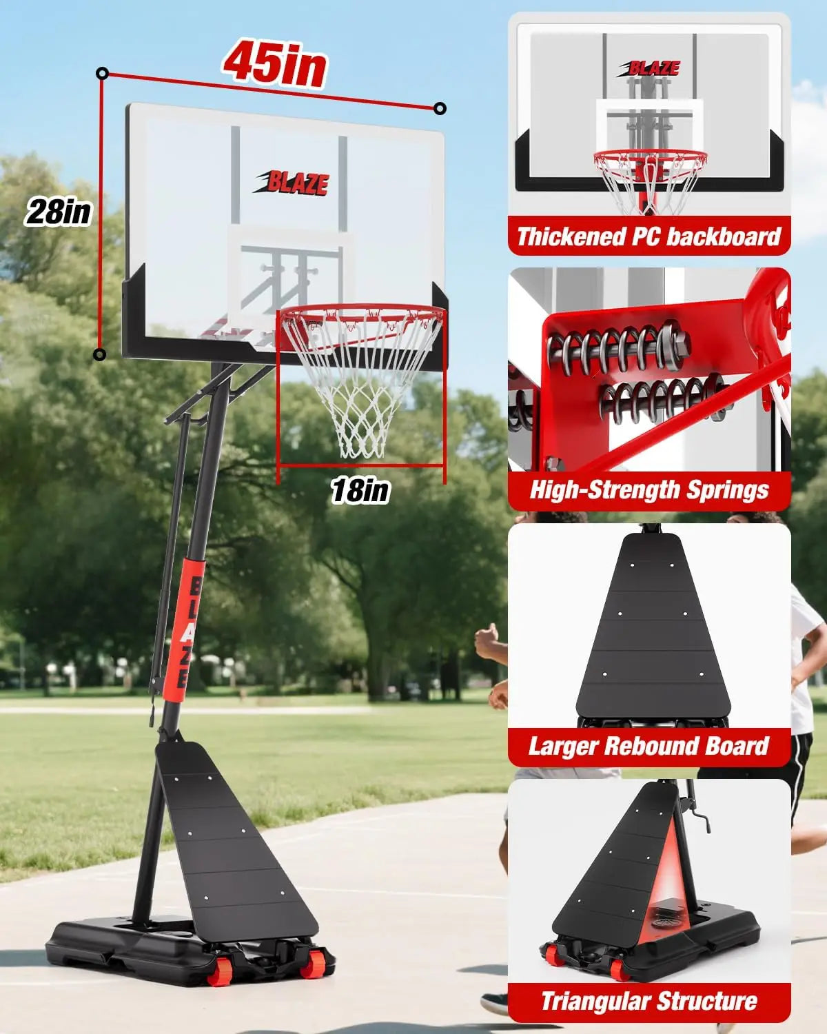 Outdoor Adjustable Basketball Hoop, 45 Inch Backboard, Black & Red, 10FT Height Portable System for Backyard & Driveway Play