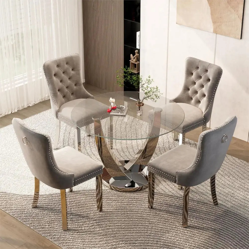 47.2 Inch Silver Round Dining Table with 4 Velvet Chairs - Modern 5-Piece Set