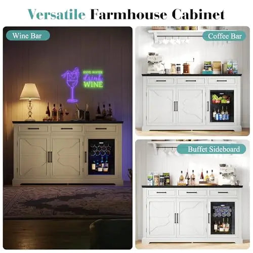 White 60-Inch Farmhouse Beverage Station Cabinet With Built-In Cooler, Three Drawers, And Glass-Front Wine Storage For Kitchen