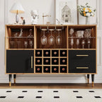 47 Wine Bar Cabinet with Storage, Wine Rack, Glass Holder, LED Light, and Charging Station - Wooden Black