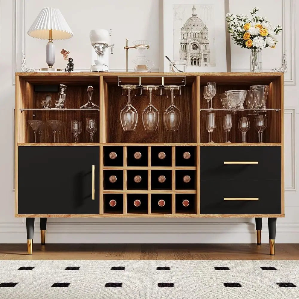 47 Wine Bar Cabinet with Storage, Wine Rack, Glass Holder, LED Light, and Charging Station - Wooden Black