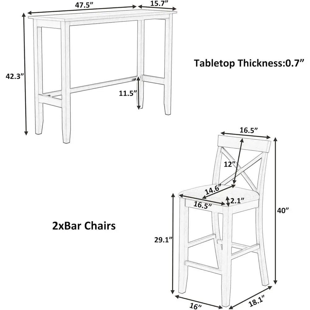 Gray 3-Piece Wooden High-Top Pub Table and Chairs Set for Breakfast Nook