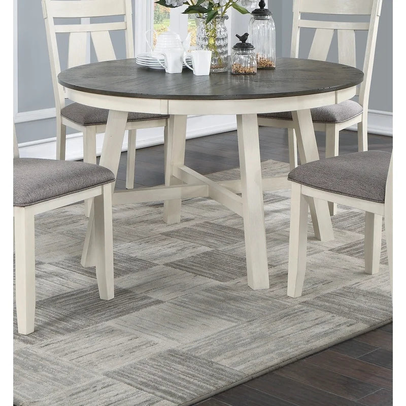5pc Round Dining Set with Gray Fabric Cushion Chairs, White Wooden Table Top, Modern Minimalist Design
