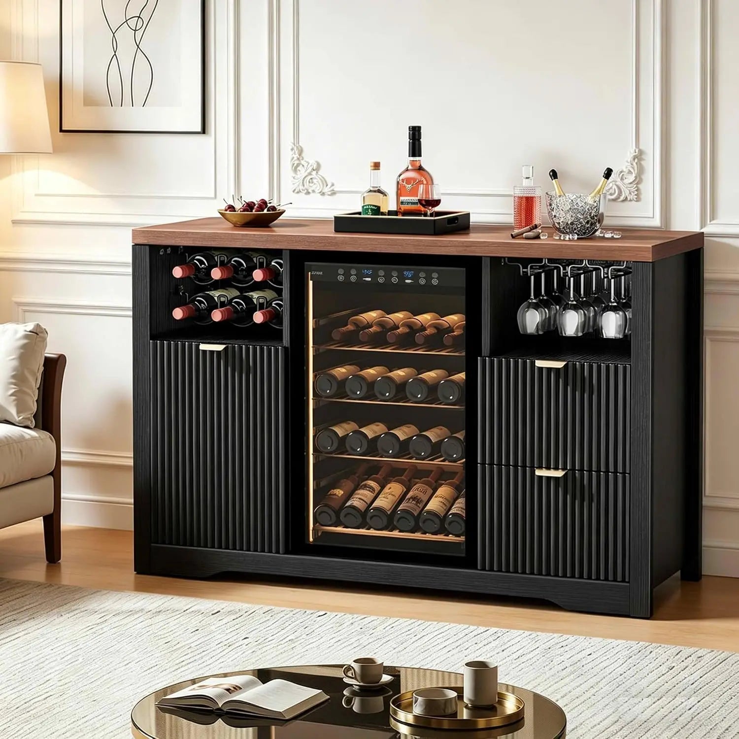 53 Inch Coffee Bar Sideboard with Built-in Fridge Nook, Fluted Wood Liquor Storage Cabinet Equipped with Wine Rack & Storage Drawer, Freestanding Buffet Cabinet for Household Living Space, Dimensions 20D x 53.1W x 39.4H Black
