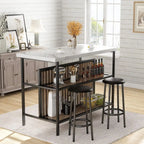 3-Piece Pub Furniture Set, 2 Bar Stools, Marble Dining Set for 2, Counter Height Table with Storage, White Kitchen Island with S