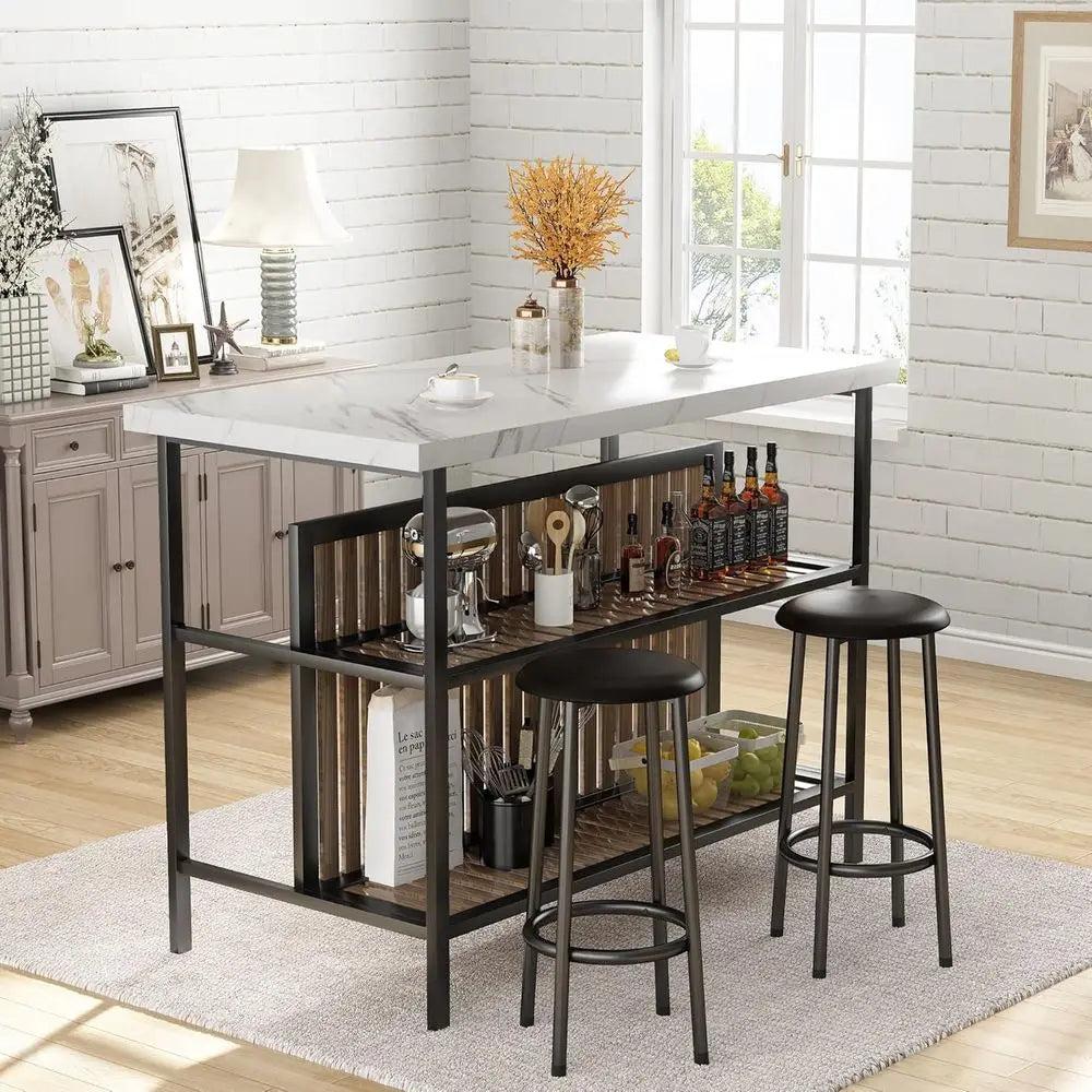 3-Piece Pub Furniture Set, 2 Bar Stools, Marble Dining Set for 2, Counter Height Table with Storage, White Kitchen Island with S