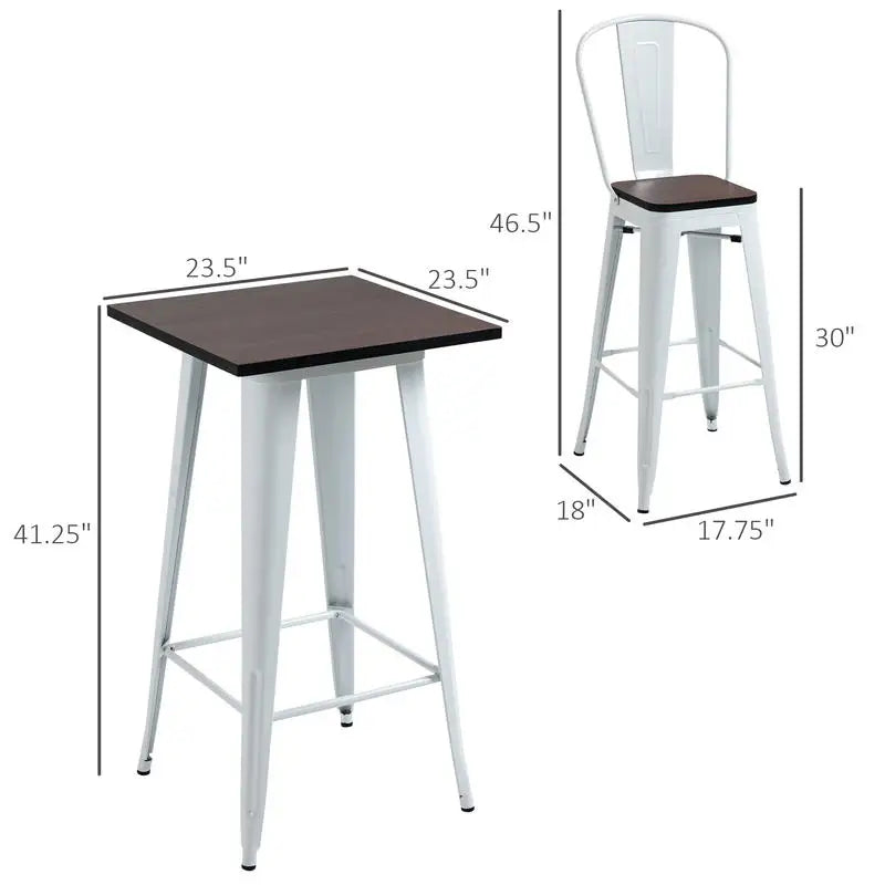 3 Piece Industrial Dining Table Set, Bar Height Bar Table and Chairs Set with Footrests for Bistro, Pub, White and Brown