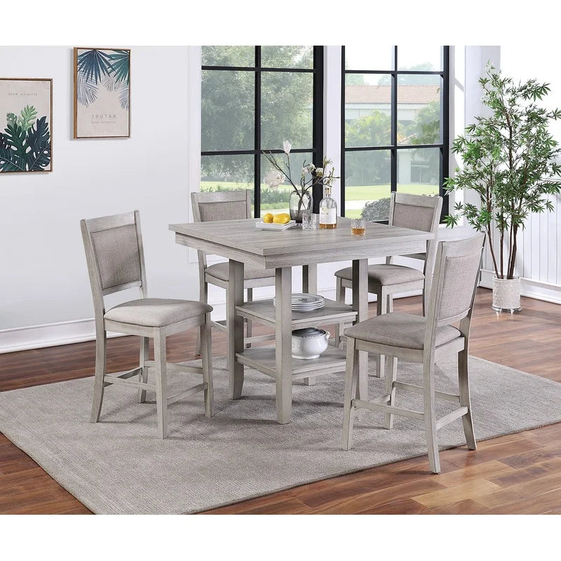 Modern Rustic Grey Square Dining Table Set with Shelves and Cushioned Chairs, 5-Piece Counter Height Furniture