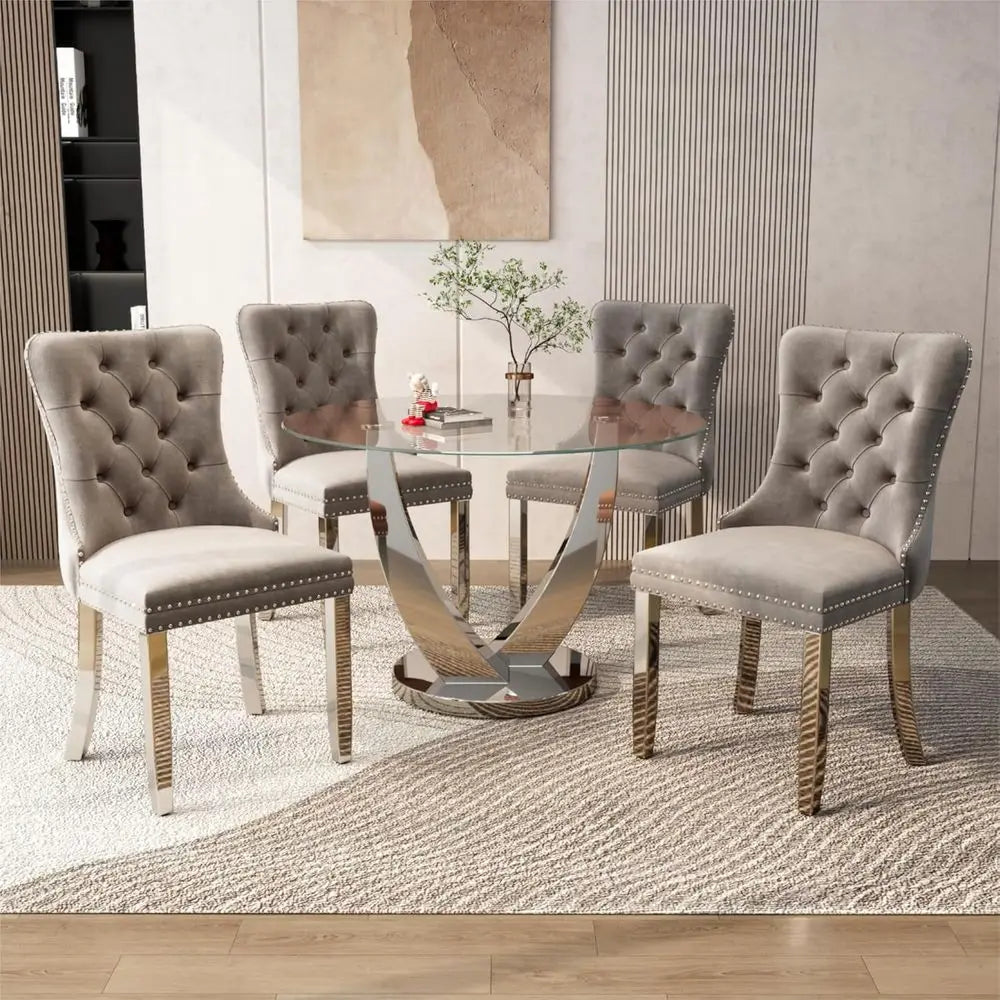 47.2 Inch Silver Round Dining Table with 4 Velvet Chairs - Modern 5-Piece Set