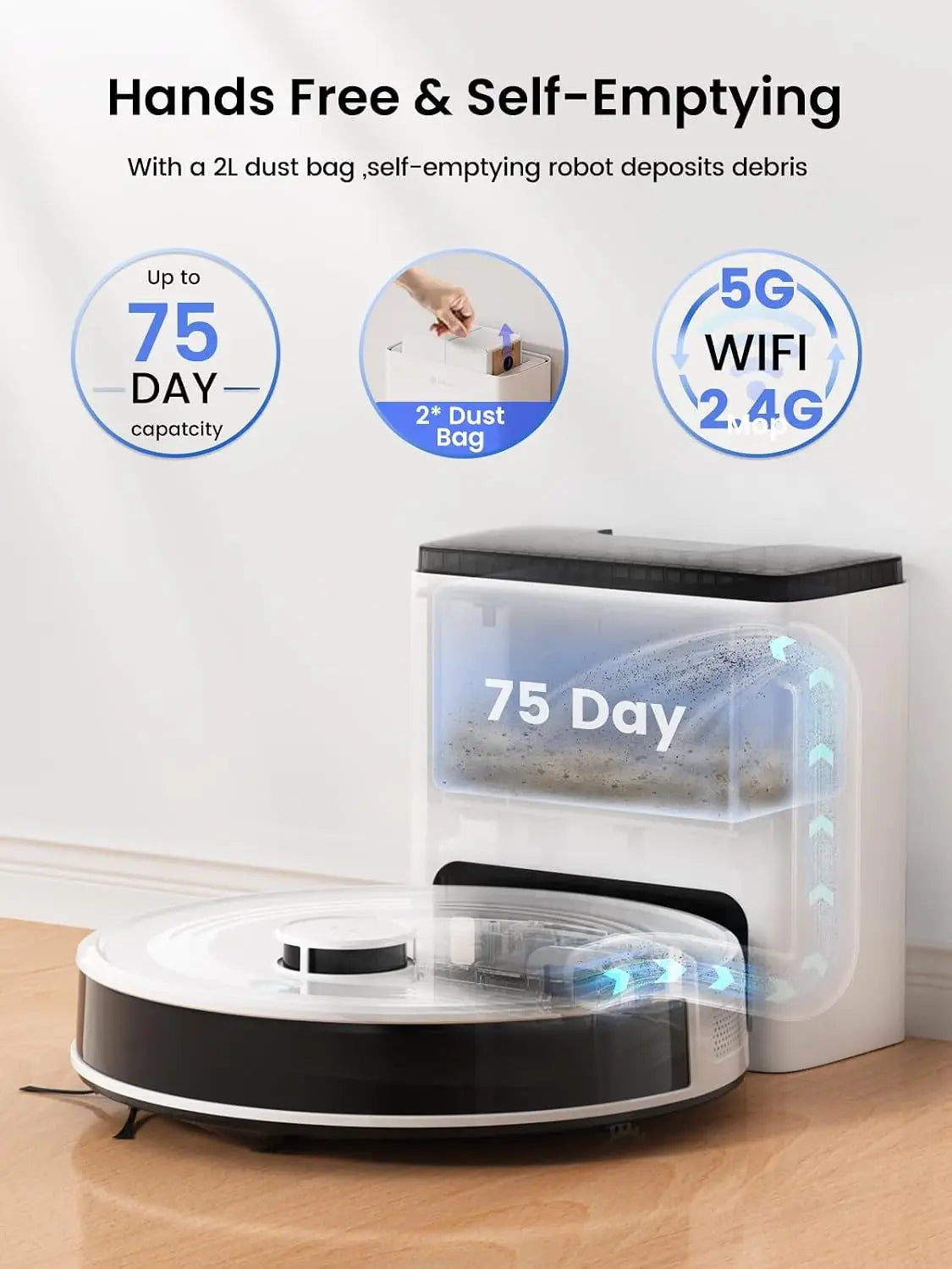 Robot Vacuum and Mop with 75-Day Self-Emptying, 6000Pa Suction, LiDAR Mapping, 140 Min Runtime for Carpet, WiFi/APP/Alexa