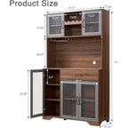 71 Tall Pantry Cabinet with Glass Door, Kitchen Hutch Storage, Coffee Bar & Liquor Cabinet, Charging Station, LED Lights, Wine R