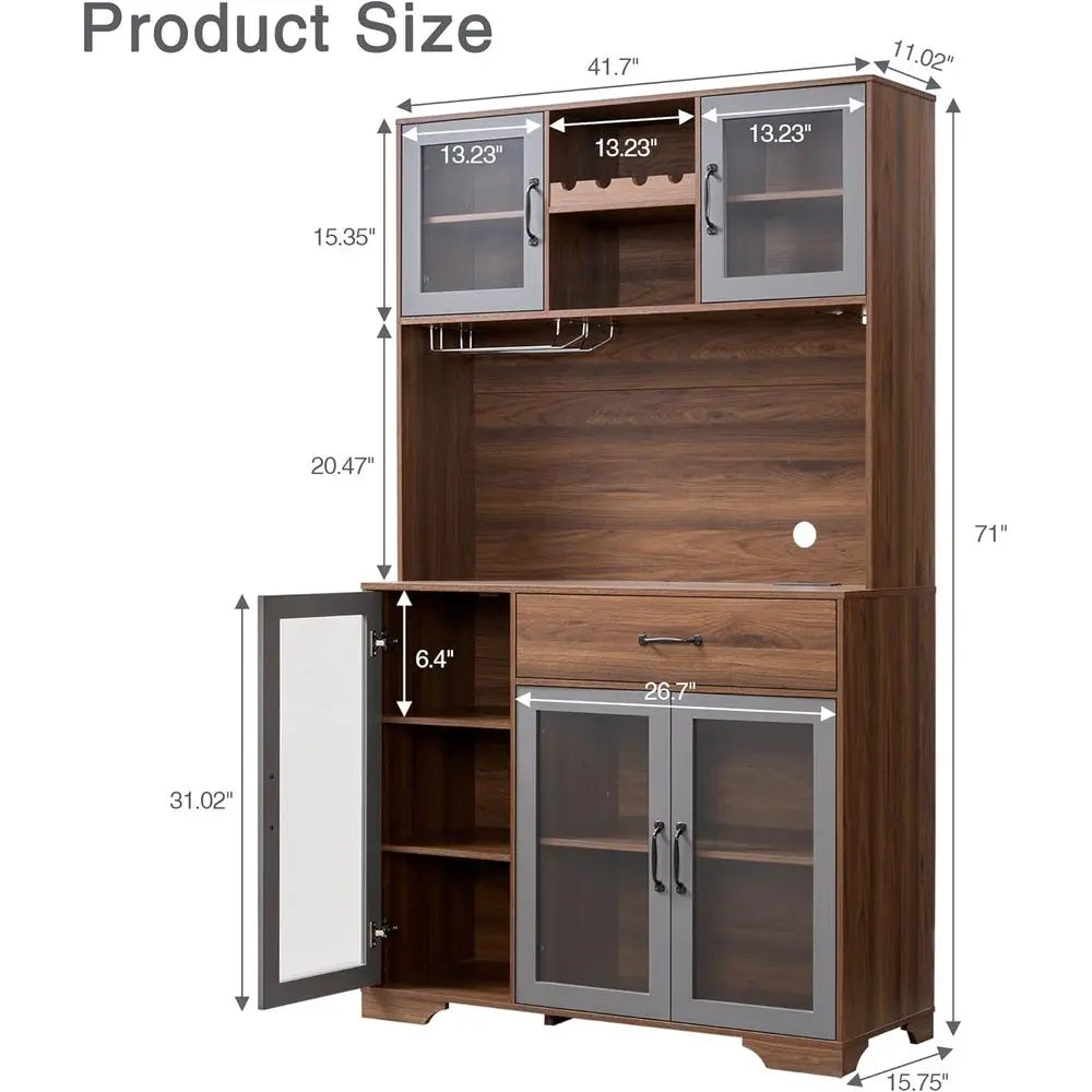 71 Tall Pantry Cabinet with Glass Door, Kitchen Hutch Storage, Coffee Bar & Liquor Cabinet, Charging Station, LED Lights, Wine R