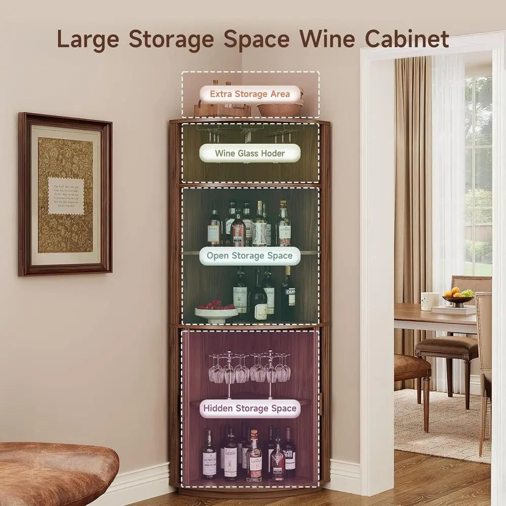 72 Inch Tall LED-lit Bar Cabinet with Sliding Door, Wine Storage and Glass Holder for Dining or Living Room in Walnut Finish