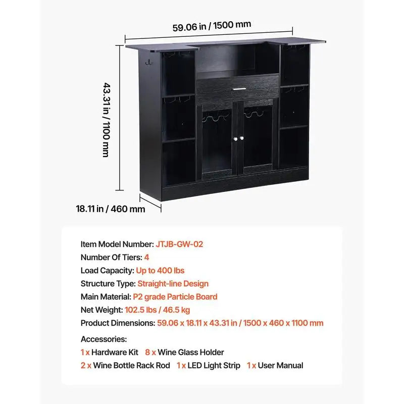 Home Bar Unit, Wine Bar Cabinet Table 4-Tier with Storage Drawer Shelves, Wine Glass Holder, Bottle Rack, LED Light, Wood & Metal Liquor Cabinet for Home, Basement, Kitchen, Living Room, Black
