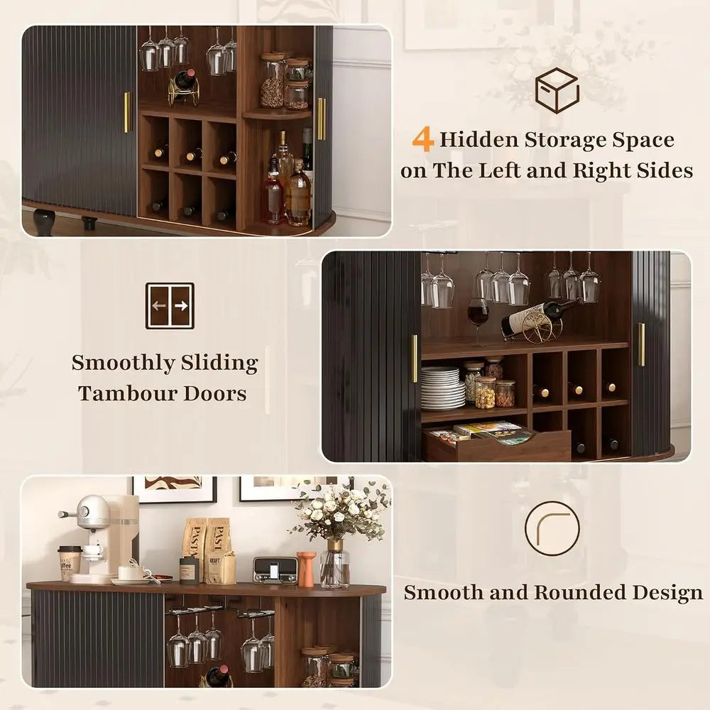 39 Modern Liquor Cabinet with 6 Wine Racks, 3 Glass Holders, Drawer, Hidden Storage & Sliding Door for Living Room, Dining Area,