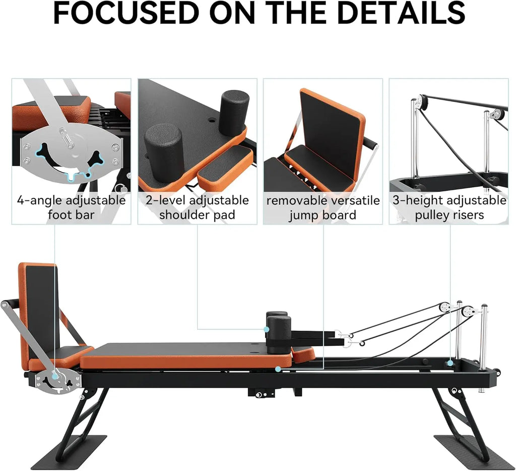 Foldable Pilates Reformer Machine, Studio Grade Pilates Equipment For Home Use and Gym Workout, Core Strength Training Fitness Station With Jump Board For Advanced And Beginner Users, Gray