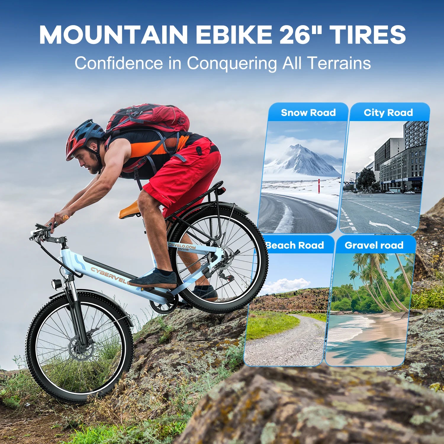 Cybervelo 1000W Peak 26" Electric Bike Adults 80Miles Removable Battery 7-Speed Ebike Beach Snow Commute E Bicycle for Men Women EK2