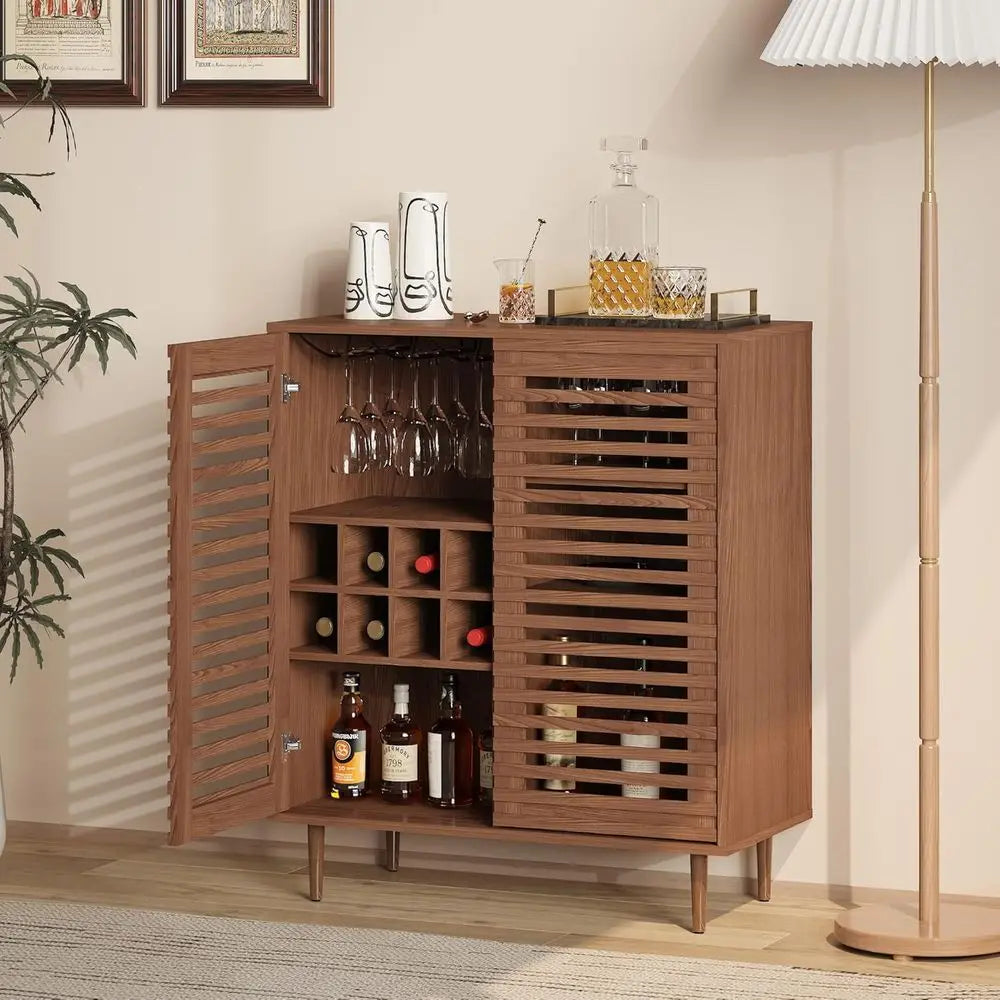 Walnut-Toned Bar Cabinet with Wine Racks for Dining and Living Spaces