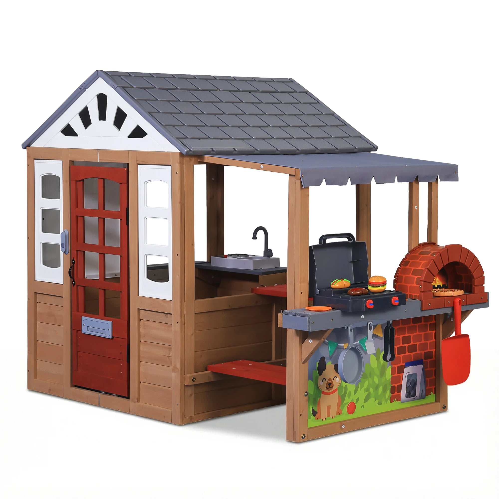 Kids Wooden Playhouse with BBQ Grill Pizza Oven, 2-in-1 Outdoor Indoor Pretend Play Cottage with Sink Whiteboard Doorbell Mailbox, Backyard Role Play Bakery House Toy for Toddlers Boys Girls