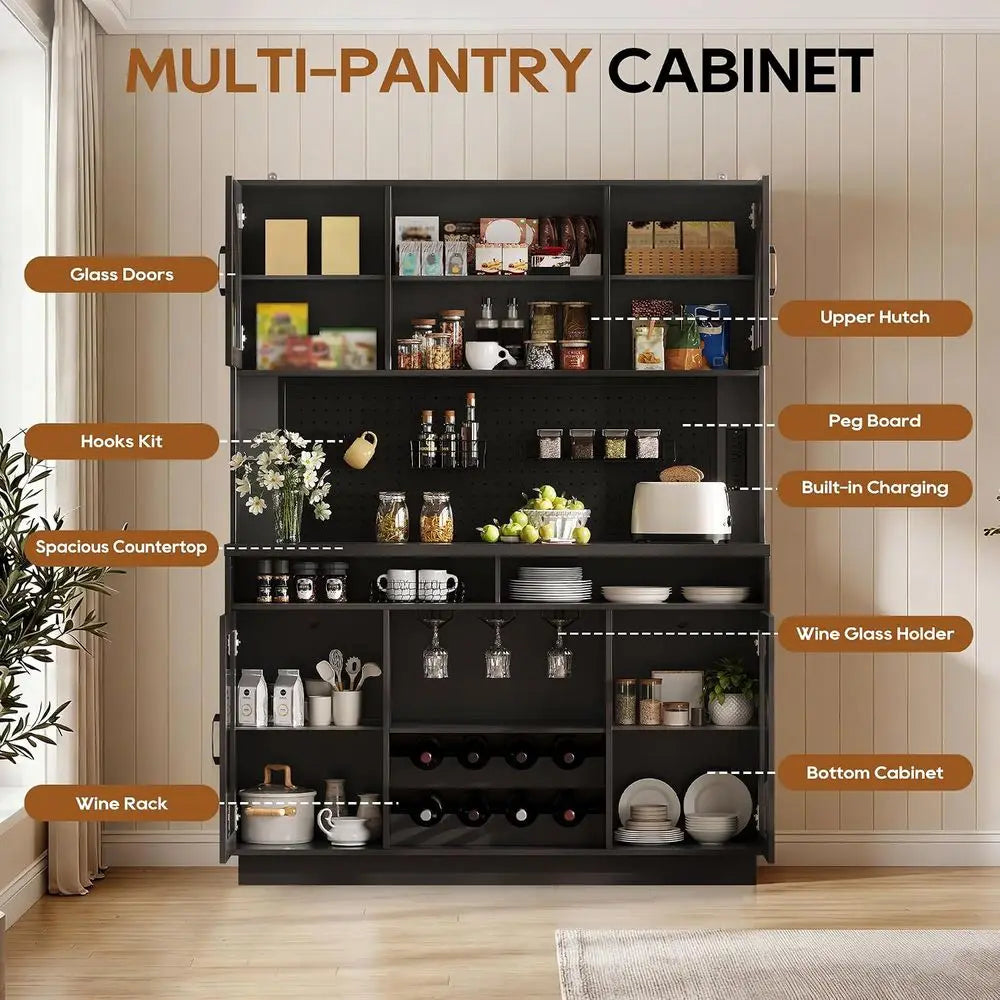71 Tall Black Wine Bar Cabinet with Charging Station, LED Lights and Anti-Tip Feature for Home Dining or Living Area