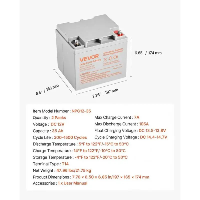 2 Pack 12V 35Ah Deep Cycle Battery, Sealed AGM Technology, Rechargeable Lead Acid AGM Battery, Backup Replacement for Scooters, Mobility Wheelchair, Solar System Off-Grid Home Energy Storage