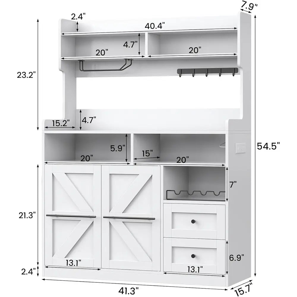 Storage Cabinet with Drawers, Charging Station, Coffee Bar, Wine Rack, White Wood Sideboard for Dining Room, 54.5 High