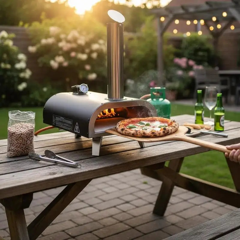 12 Inch Pizza Baker For Camping Backyard Garden, Dual Fuel Iron Spray Shell Built-in Thermometer Wood Pellet Propane Gas Oven Portable Cooking Device Black Shell Outdoor Culinary Equipment