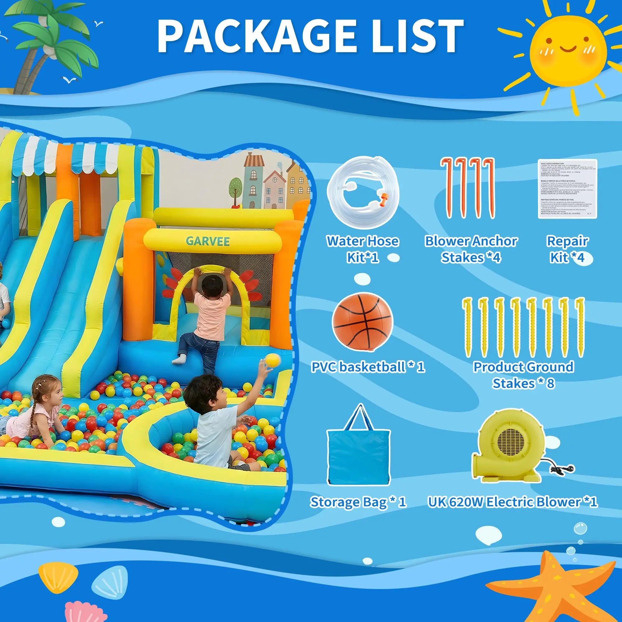 16ft Inflatable Water Slide Park for Kids, Heavy Duty Blow Up Water Bounce House, Backyard Inflatable Water Play Center with 620W Blower, Water Hose Kit, Ground Stakes & Storage Bag